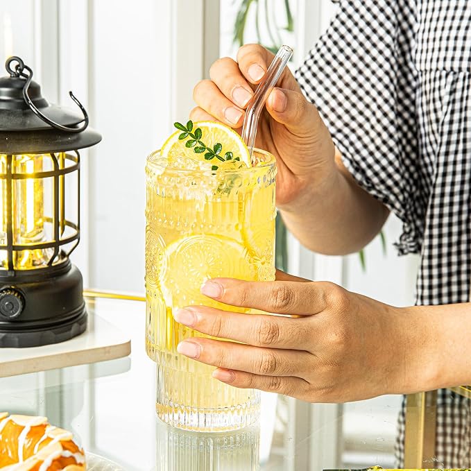 SoulTimes 4 Pack Large 16oz Ribbed Glassware Set, Flower Design Stackable Glass - Image 4