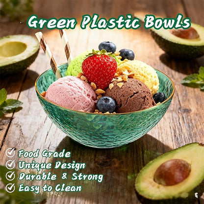 I00000 50 Pack 12 Ounce Clear Green Plastic Bowls Serving Bowls Hammered with Gold Rimmed, Heavy Duty Disposable Bowl Set,Small Bowls for St. Patrick's Day