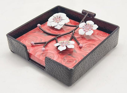 Black Flat Square Napkin Holder with White Pink Orchid Blooms | Orchid Flowers Metal Hinged Weighted Arm | Serviette Paper Hand Towel Storage Caddy Tray Organizer Dispenser | Home Restaurant