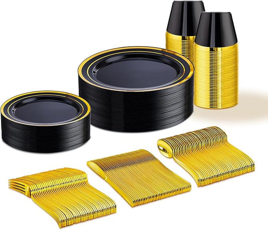 WELLIFE 150 PCS Black and Gold Disposable Dinnerware Set, Plastic Plates for Party, Including 25 Dinner Salad Plates, Cups, Forks Knives Spoons for New Year Party Supplies
