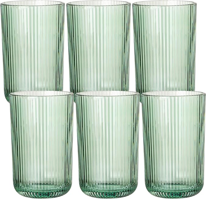 Green Ribbed Highball Glasses Set of 6, 13.2oz Sage Green Colored Glassware by Vintacicle