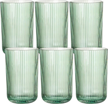 Green Ribbed Highball Glasses Set of 6, 13.2oz Sage Green Colored Glassware by Vintacicle