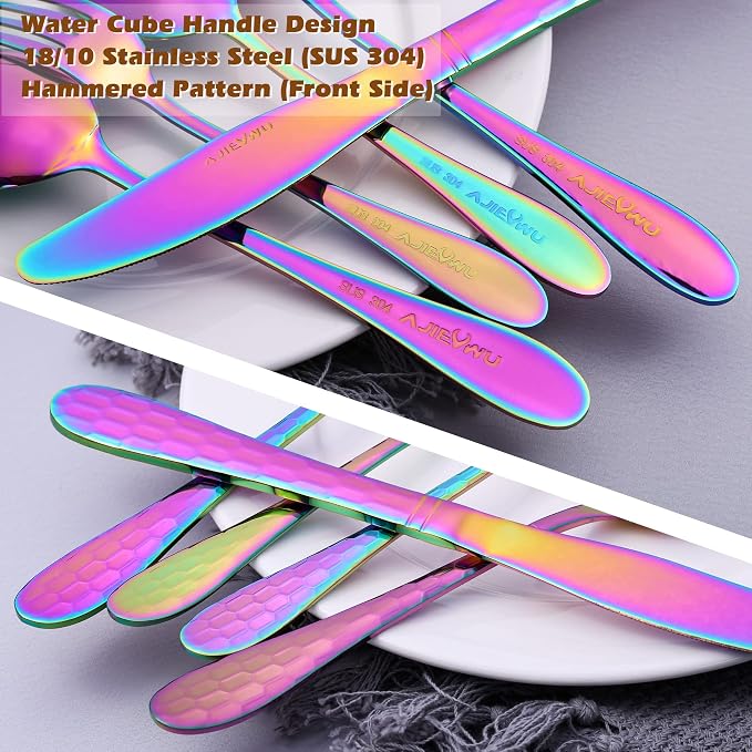 Hammered Silverware Set 20 Pieces, 18/10 Stainless Steel Colorful Silverware Set - Image 2
