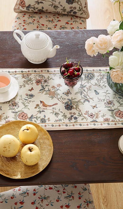 Designer French Linen Table Runner, Floral Bird Pattern, Dining Table, - Image 9