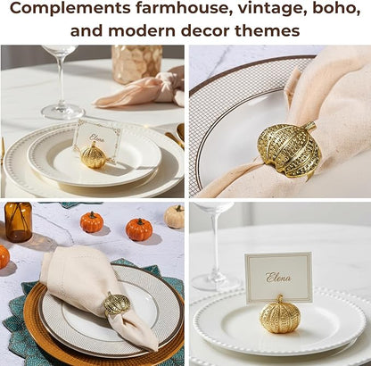 CLEENTABLE Napkin Rings Set of 12 - Pumpkin Elegant Napkin Holders Modern Serviette Buckles Metallic Adornment for Table Settings for Thanksgiving, Fall, Halloween & Holiday (Antique Gold)
