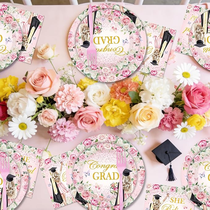 96Pcs She Believed She Could So She Did Paper Plates Napkins Forks Flower - Image 5