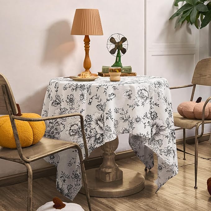 jinchan Black Floral Linen Blend Rectangle Table Cloth 52 x 70 Inch | Farmhouse - Image 2
