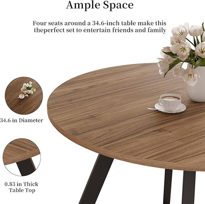 34.6 Inch Walnut Round Dining Table for 4, Space-Saving Dinette Perfect for Kitchen Dining Living Room(Walnut Table)