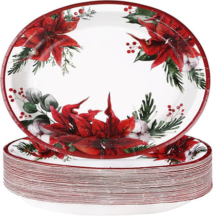 50 Pcs Christmas Oval Plates 10" x 12" Large Disposable 400 GSM Heavy Duty Red Poinsettia Floral Paper Dessert Plates Christmas Birthday Party Decorations for Festive Xmas Theme Dinner Party Supplies