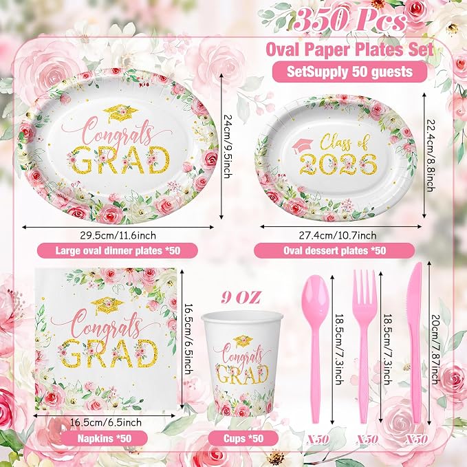 350 Pcs Class of 2026 Floral Graduation Party Decorations 12 inch Disposable - Image 2