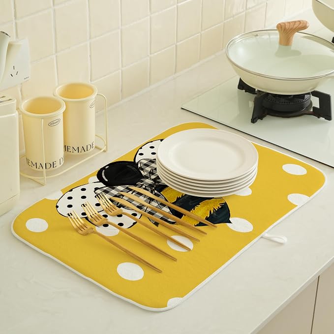 Yellow Bee Dish Drying Mat for Kitchen Counter 18x24 Inch Polka Dots Dish - Image 2