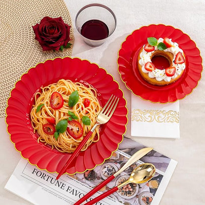 Ciaell 175 PCS Red Scalloped Plastic Plates with Gold Trim - Red Plastic Silverware with Handle - Fancy High-End Dinnerware Sets for Wedding & Valentine's Day & Party