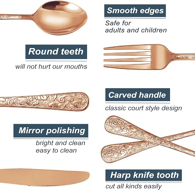 Runfly Vintage Carved Rose Gold Stainless Steel 20-Piece Flatware Set | - Image 3
