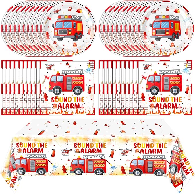 41Pcs FireTruck Birthday Party Decorations Fire Truck Party Tableware Set by Mainivo