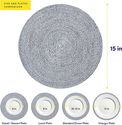 Round Placemats Set of 4-100% Cotton Two-Tone Placemat for Dining Table - Woven Braided Table Setting Place Mat - Washable Table Decor for Kitchen, Farmhouse, Rustic, Everyday Use, Navy