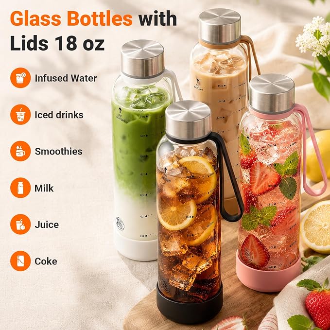 Sursip 18 oz Glass Water Bottles, 6 Pack | BPA-Free Reusable, Measurement - Image 6