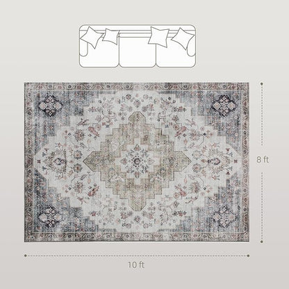 HOMCOM Washable Area Rug, 8'x10' Vintage Indoor Distressed Carpet, Retro Floor Cover Foldable, Floral Print Mat for Living Room, Bedroom, Dining Room, Brown and Green