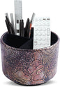 Round Leather Art Supply Organizer,Remote Control Holder,360 Degree Spinning,Multi-Functional Pencil Holder,4 Compartments Desktop Stationary Organizer(1-Rich Flower Gold)