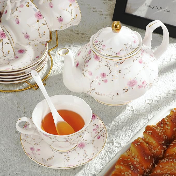 fanquare 21-Piece Gold Vine Floral Porcelain Tea Sets - Image 2