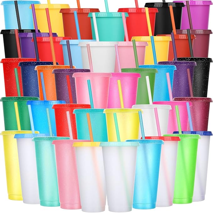 Honeydak 100 Pack Tumbler with Straw and Lid Bulk Glitter Plastic Cups Water by Honeydak