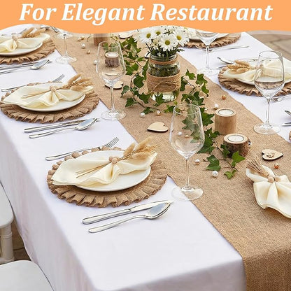 18 Pcs Round Natural Burlap Placemats, Wooden Bead Napkin Rings with Cloth Dinner Napkins, Heat Resistant Jute Placemat Set Boho for Wedding Dining Table Decor