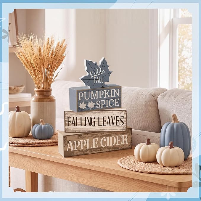 Moucuny 4 Pcs Fall Table Decoration Rustic Blue Maple Leaf Stacked Wooden Block - Image 7