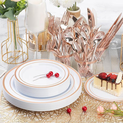 BESTVIP 600PCS Rose Gold Plastic Plate Set (100 Guests), Plastic Plates for Party Wedding Birthday, Disposable Dinnerware Set of 200 Plates, 200 Forks, 100 Spoons, 100 Knives for Christmas