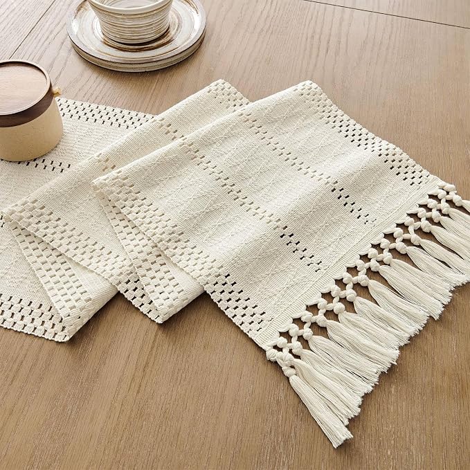 Macrame Style Boho Table Runner, 12x60 Inch Ivory | Woven Boho Table Runner - Image 7
