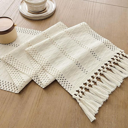 Macrame Style Boho Table Runner, 12x108 Inch Ivory | Woven Boho Table Runner - Image 7