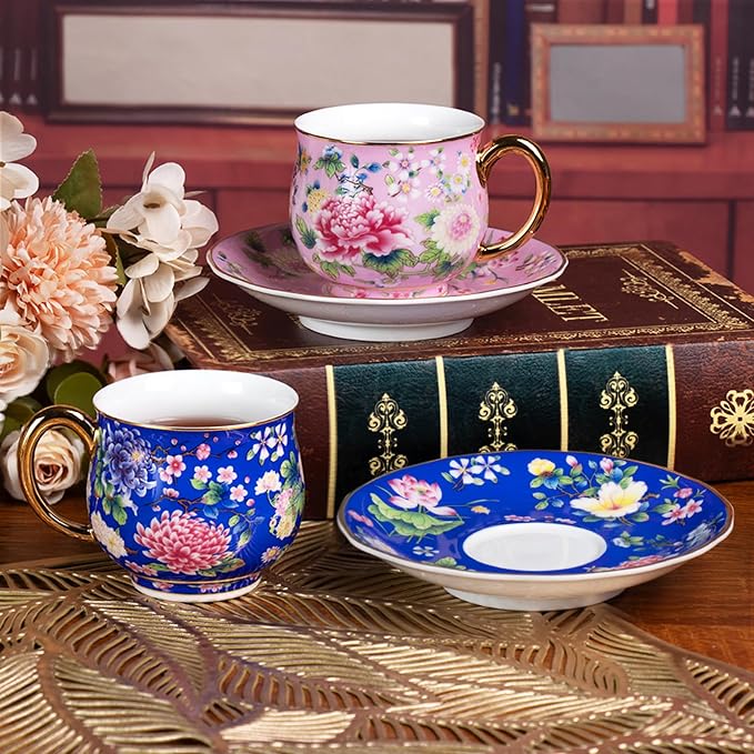 KAMMAK Tea Cup and Saucer, Ceramic Coffee Cups, 7.1 oz, Afternoon Tea and - Image 7