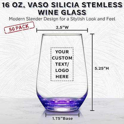 DISCOUNT PROMOS 50 Vaso Silicia Stemless Wine Glasses Set, 16 oz. - Personalized Text, Logo - Clear, Orb-Like, Thick base - Purple