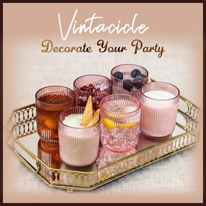 Pink Ribbed Drinking Glasses Set of 6, 8.5oz Vintage Highball Tumblers - Image 6