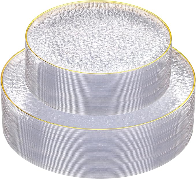 Hioasis 60pcs Clear Plastic Plates - Gold Rimmed Disposable, Hammered, Heavy-duty Dinnerware Set Suitable for 30 Guests, 10.25" Dinner & 7.5" Dessert Plates for Party & Wedding