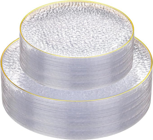 Hioasis 60pcs Clear Plastic Plates - Gold Rimmed Disposable, Hammered, Heavy-duty Dinnerware Set Suitable for 30 Guests, 10.25" Dinner & 7.5" Dessert Plates for Party & Wedding