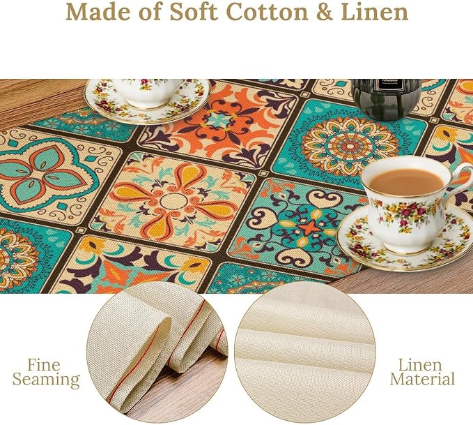 Bohemian Patchwork Table Runnerboho Colorful Tile Patchwork Indian Floral Print - Image 6