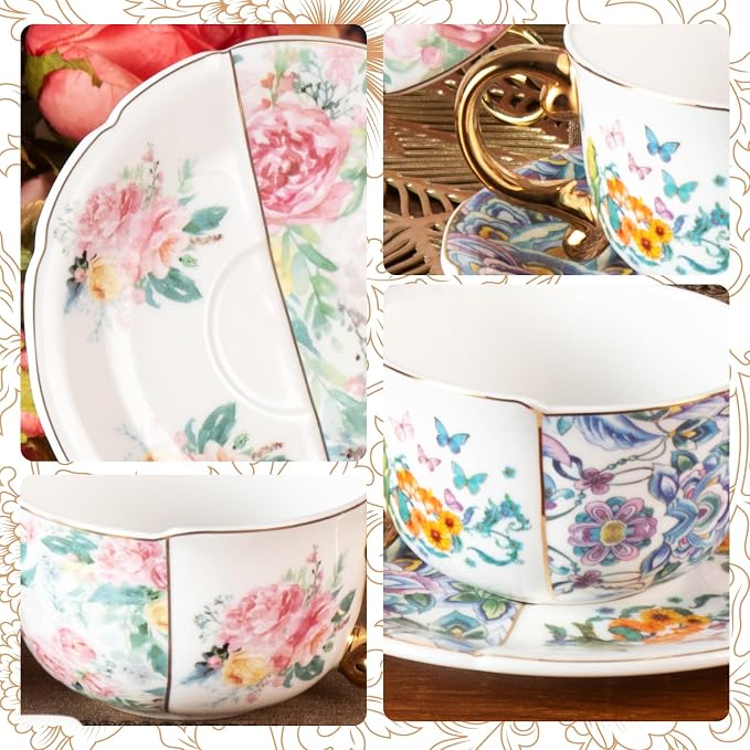 KAMMAK Tea Cups and Saucers Set of 2, Fine Bone China Coffee Cups, YX011 | - Image 7
