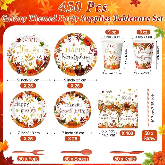 450 Pcs Happy Friendsgiving Tableware Set Decorations, Serves 50 | Fall - Image 2