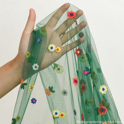 Artoid Mode Dark Green Embroidery Daisy Gauze Table Runner 120 Inch 10FT | - Image 6