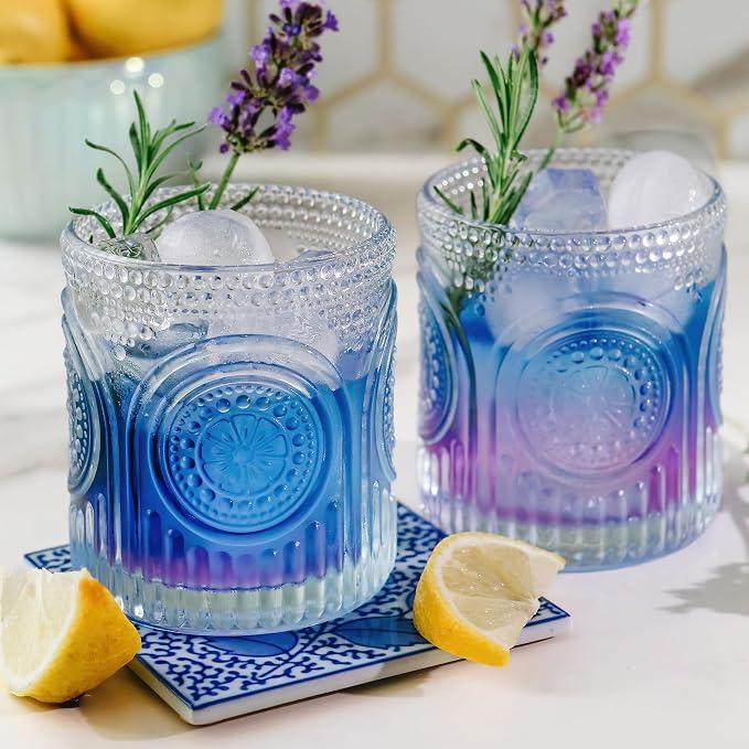 Ribbed Retro Arch Floral Clear Drinking Glasses Set of 6, Vintage Glassware Set - Image 3