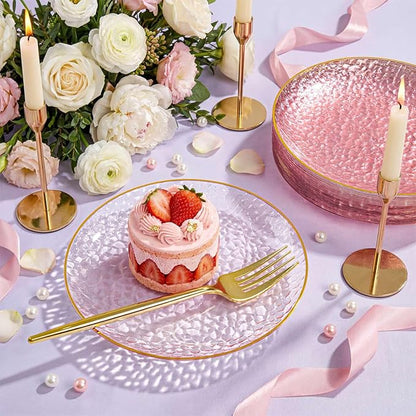 Rubtlamp 200Pcs Plastic Pink Dessert Plates with Disposable Gold Forks,Heavy Duty Pink Hammered Salad Platos, Gold Small Platos,Fancy Appetizer Plates for Mother's Day