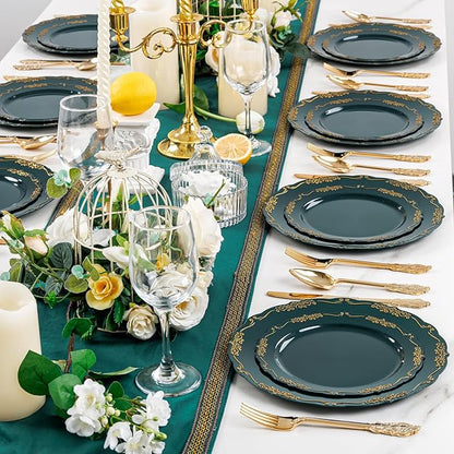 DaYammi 150Pcs Green Plastic Plates with Gold Silverware,Green Disposable Plates for Party include 30 Dinner Plate,30 Dessert Plate,90 Gold Plastic Cutlery,green gold plate for St. Patrick's Day Party