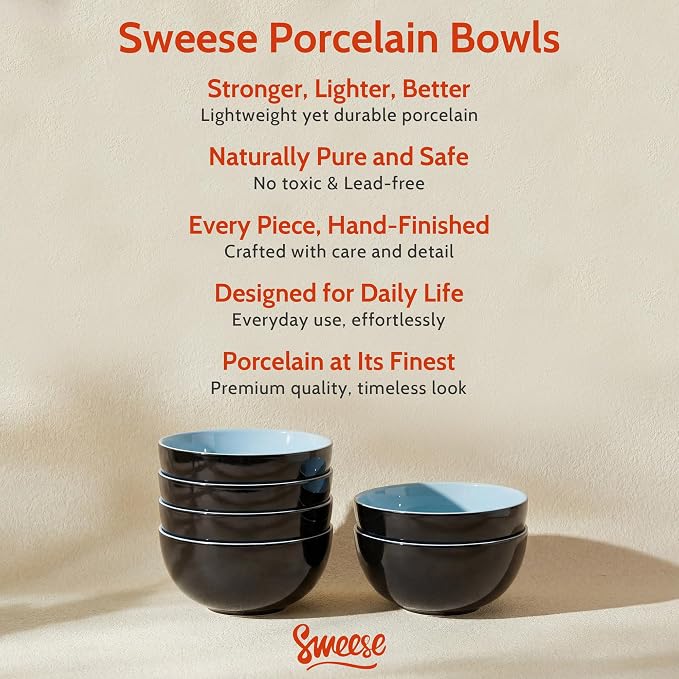 Sweese Porcelain Bowls Set of 6, 20oz Lightweight Round Cereal Bowls Set - Image 8