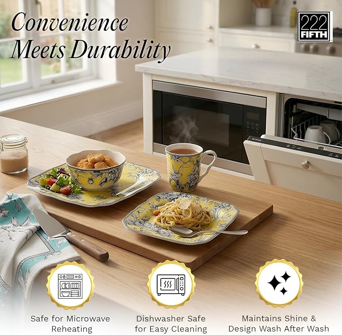 222 Fifth Adelaide Yellow 16-Piece Floral Porcelain Dinnerware Set | Microwave - Image 3