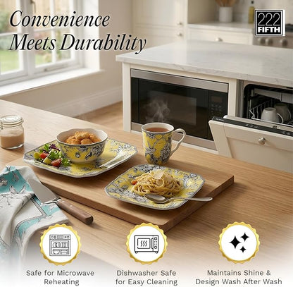 222 Fifth Adelaide Yellow 16-Piece Floral Porcelain Dinnerware Set | Microwave - Image 3