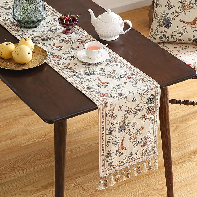 Designer French Linen Extra Long Table Runner, Floral Bird Pattern, Dining Table - Image 2