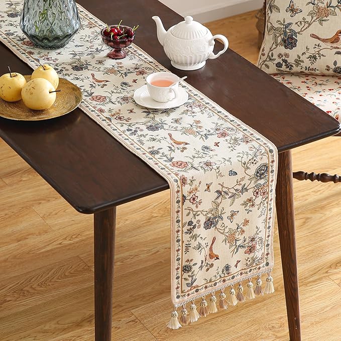 Designer French Linen Table Runner, Floral Bird Pattern, Dining Table, - Image 2