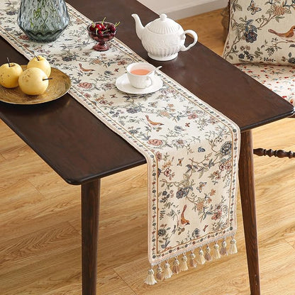 Designer French Linen Long Table Runner, Floral Bird Pattern, Dining Table - Image 2