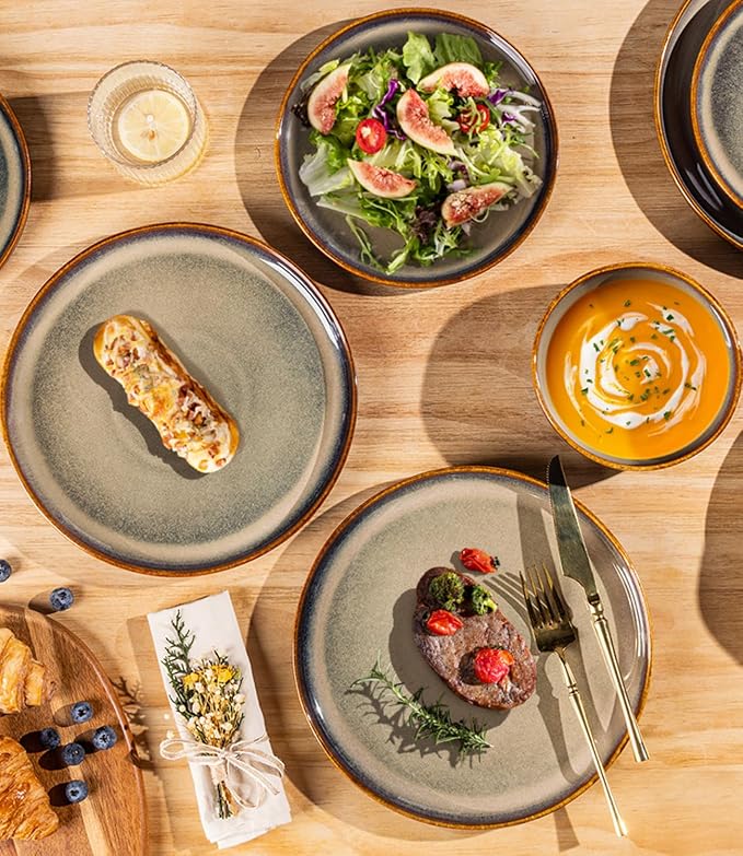 Ceramic Dinnerware Set for 4, 12-Piece Plates and Bowls Set | Handmade Reactive - Image 3