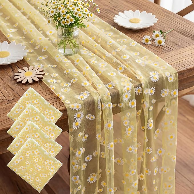 4 Pcs Yellow Daisy Table Runners 29 x 70 Inch Daisy Tulle Lace Table Runner by Windkream