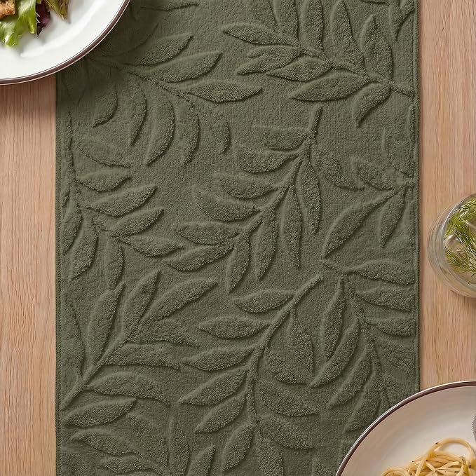 Artoid Mode Olive Green Soft 3D Jacquard Leaves 100%Cotton Spring Table Runner - Image 4